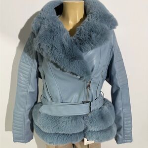 Women's Light Blue Faux Fur Trim Leather Jacket
